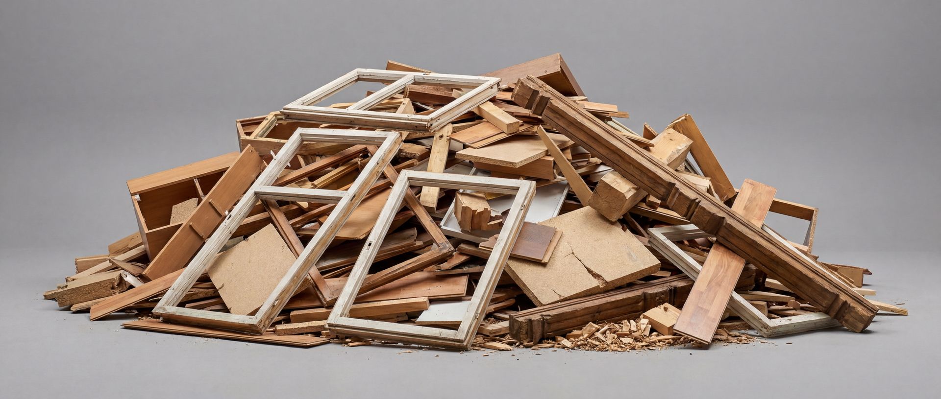 Ein Haufen gemischtes Altholz mit Möbelteilen, Fensterrahmen und Holzbrettern vor grauem Hintergrund.