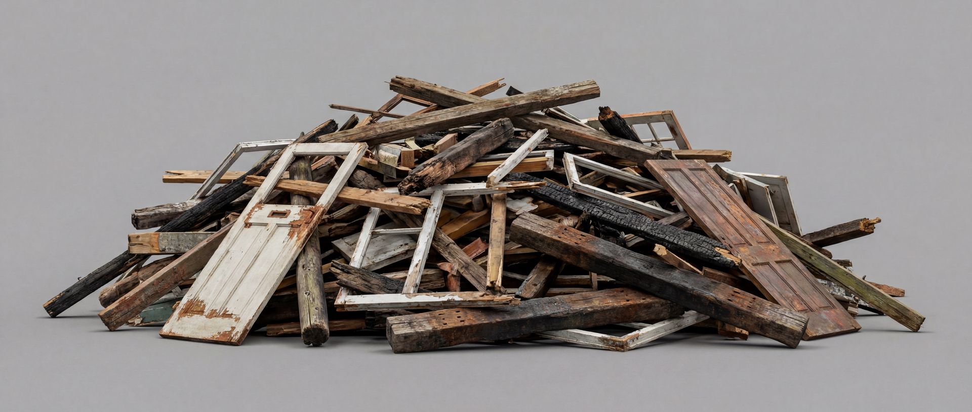 Ein großer Haufen mit altem, kontaminiertem Holz, Türen und Fensterrahmen vor grauem Hintergrund.