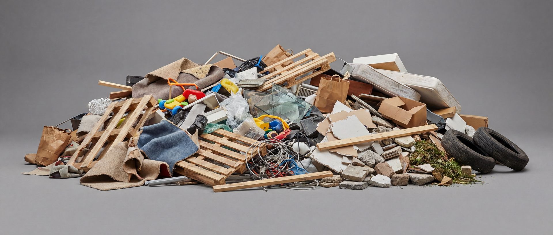 Verschiedene Abfälle wie Holz, Schutt, Reifen, Kabel und Plastik auf einem großen Haufen.
