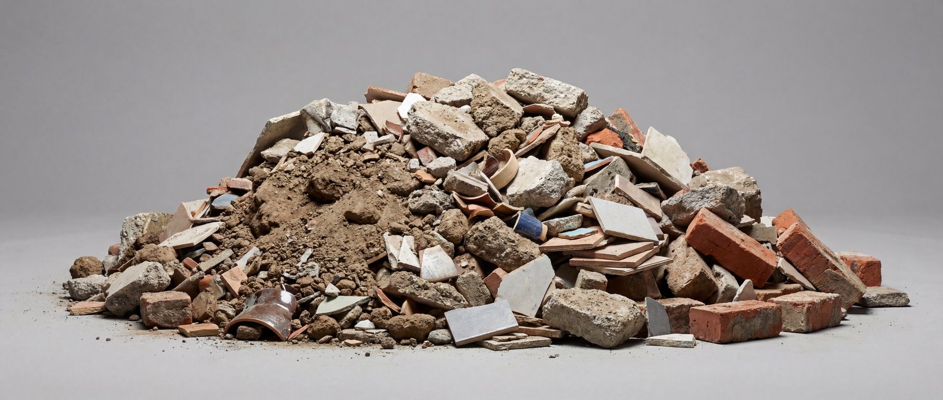 Ein Haufen gemischter Bauabfälle mit Ziegeln, Beton, Fliesen und Erde vor grauem Hintergrund.
