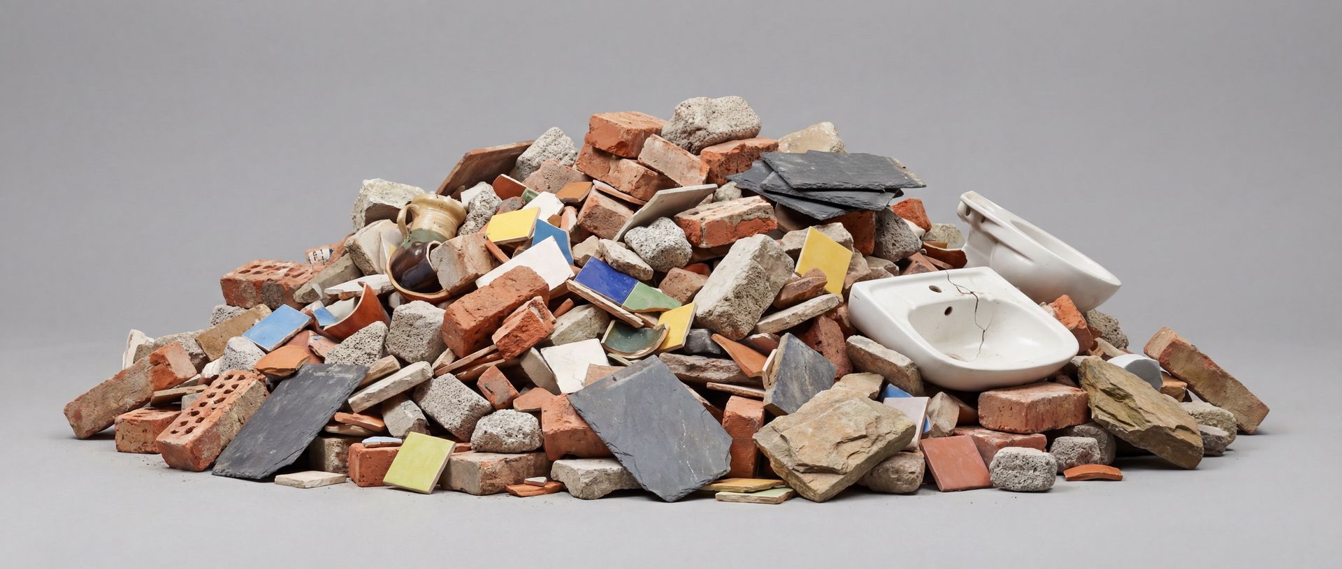Ein Haufen Bauschutt mit Ziegeln, Fliesen, Beton und kaputter Sanitärkeramik wie Waschbecken.
