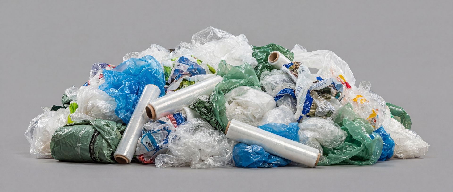 Ein Haufen mit verschiedenen Plastikfolien wie Stretchfolie und Verpackungsfolie vor grauem Hintergrund.