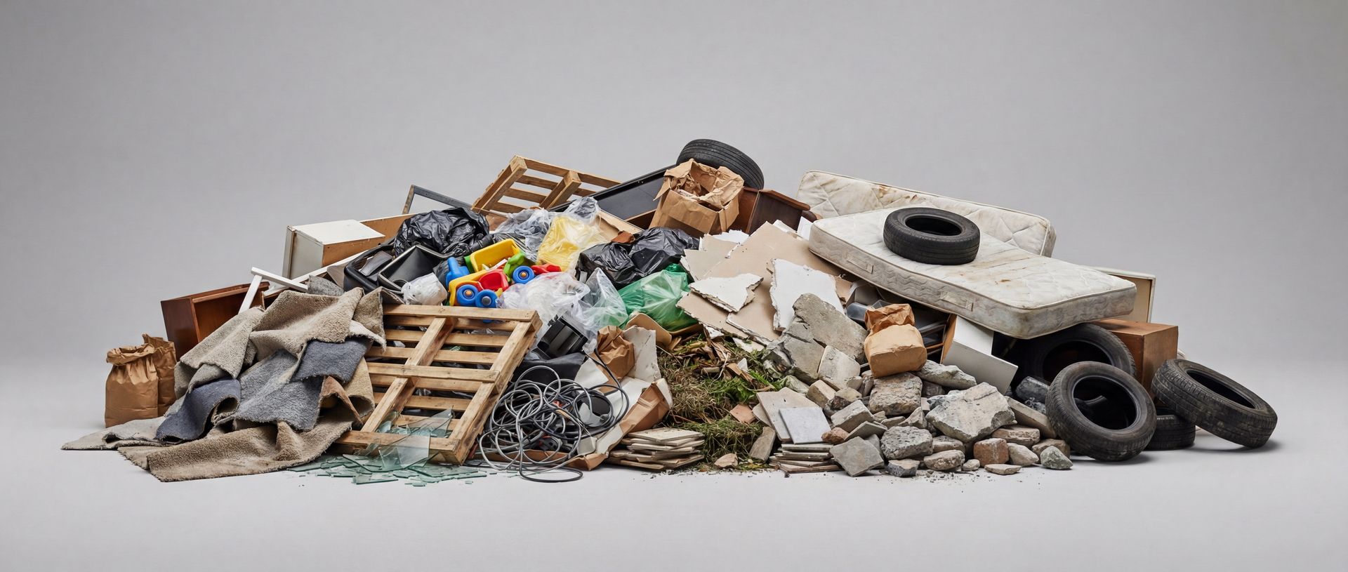 Ein großer Haufen unsortierter Baumischabfälle mit Holz, Bauschutt, Reifen und einer Matratze.