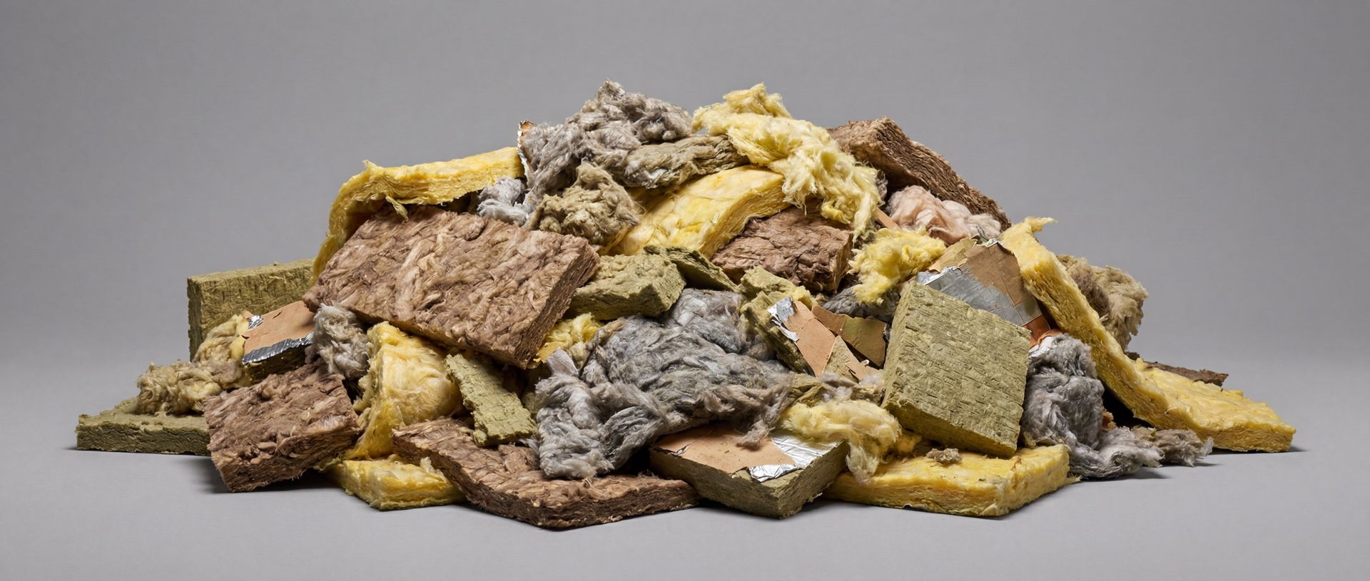 Ein Haufen aus verschiedenen Mineralfaserabfällen wie Glaswolle und Steinwolle zur Entsorgung.