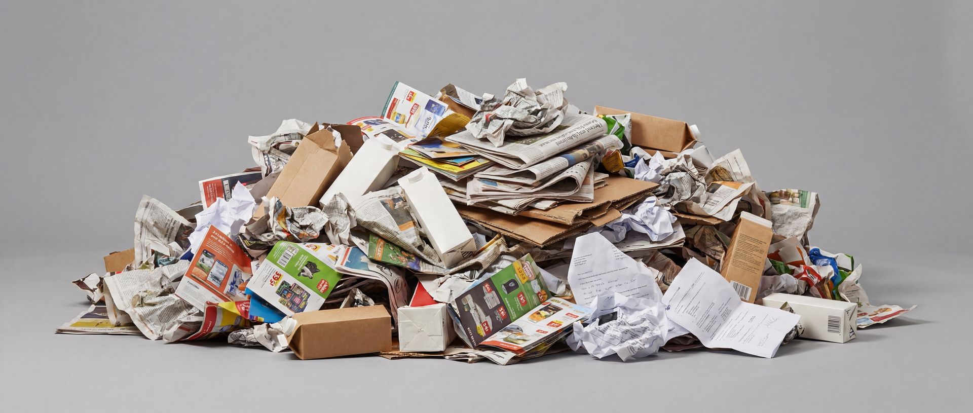 Ein großer Haufen gemischten Altpapiers mit Zeitungen, Kartons und zerknülltem Papier.