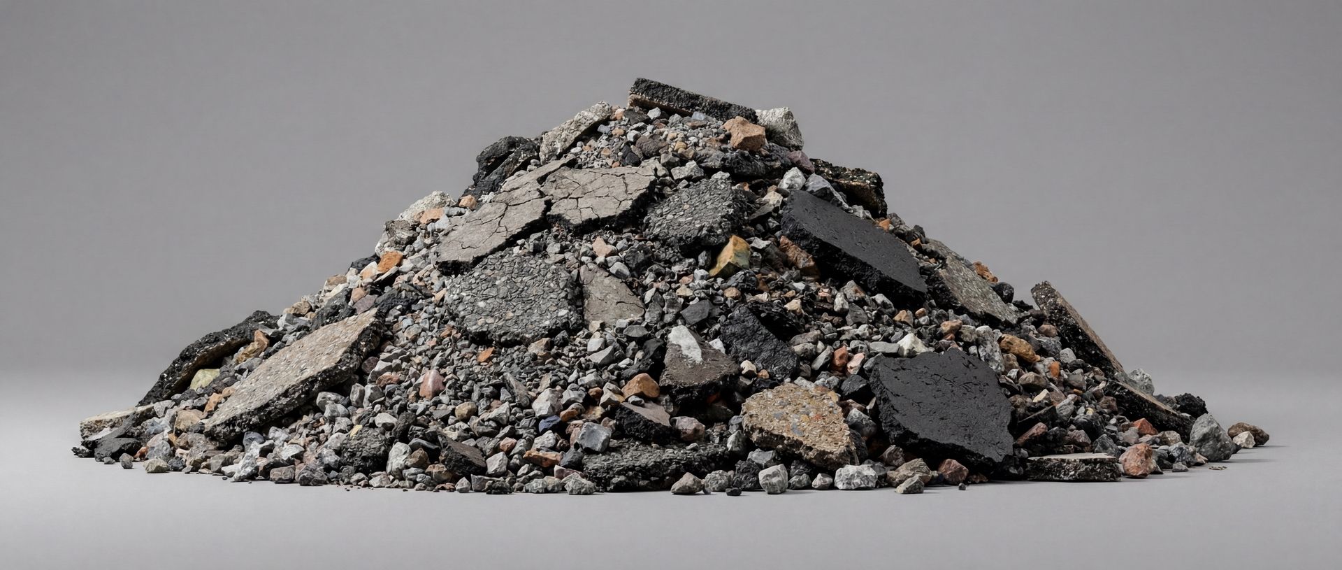 Ein Haufen mit Straßenaufbruch, bestehend aus zerbrochenen Asphalt- und Betonteilen.