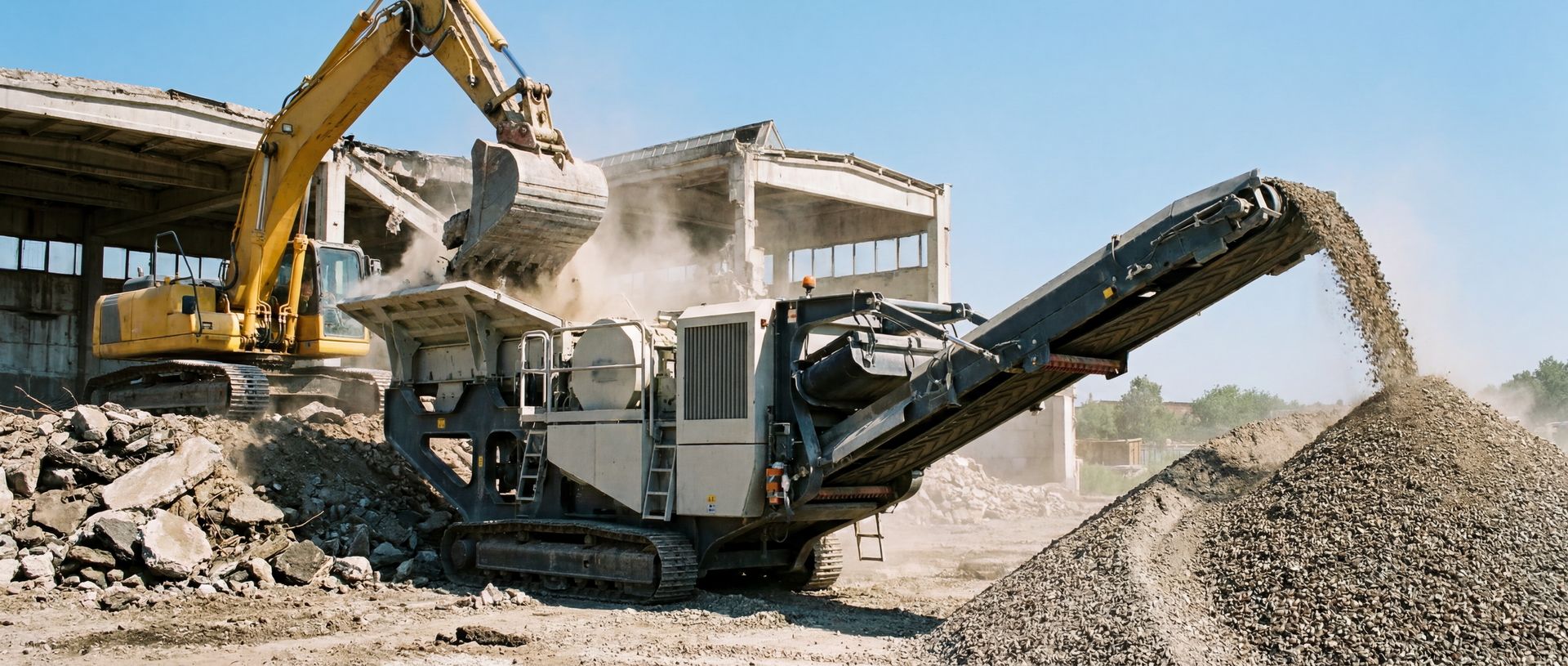 Ein Bagger belädt eine mobile Brechanlage mit Bauschutt, die diesen zu Schotter verarbeitet.