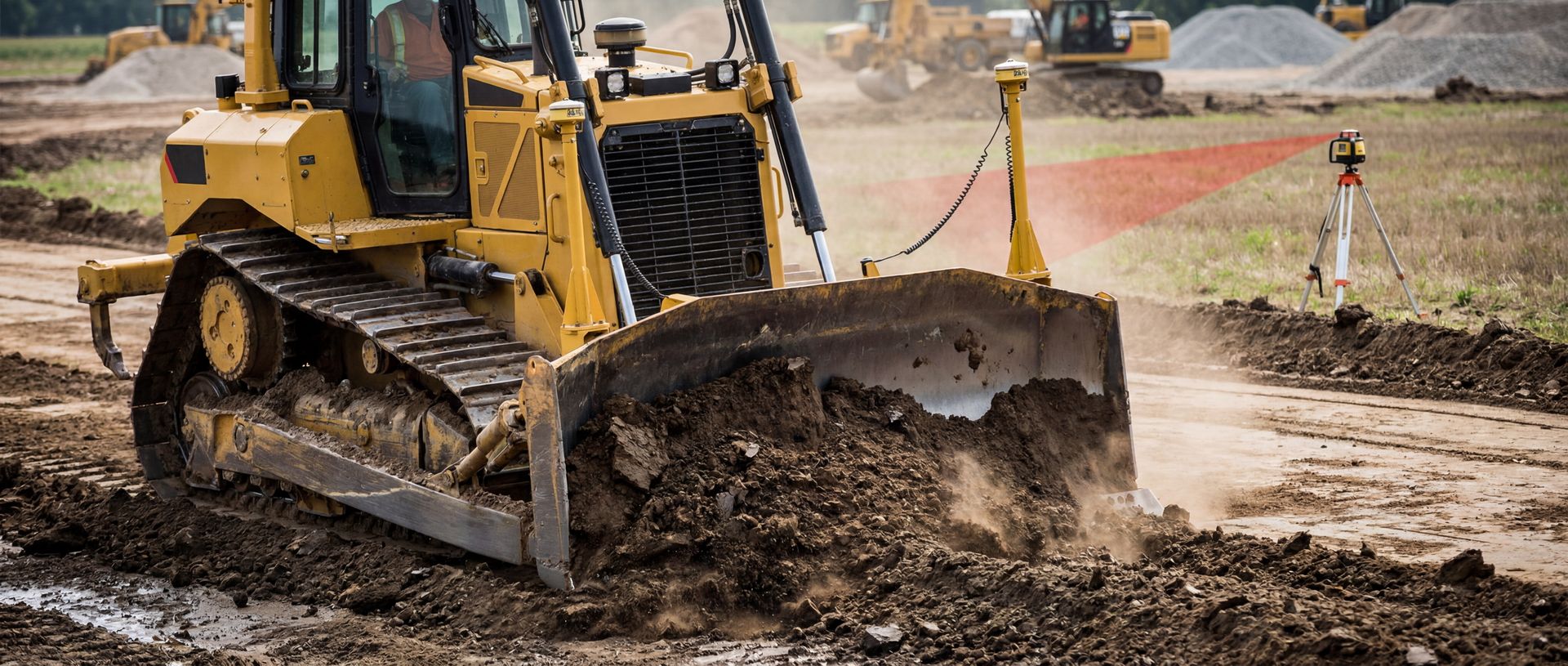 Eine gelbe Planierraupe planiert Erde auf einer Baustelle, gesteuert von einem Laser-Messgerät.