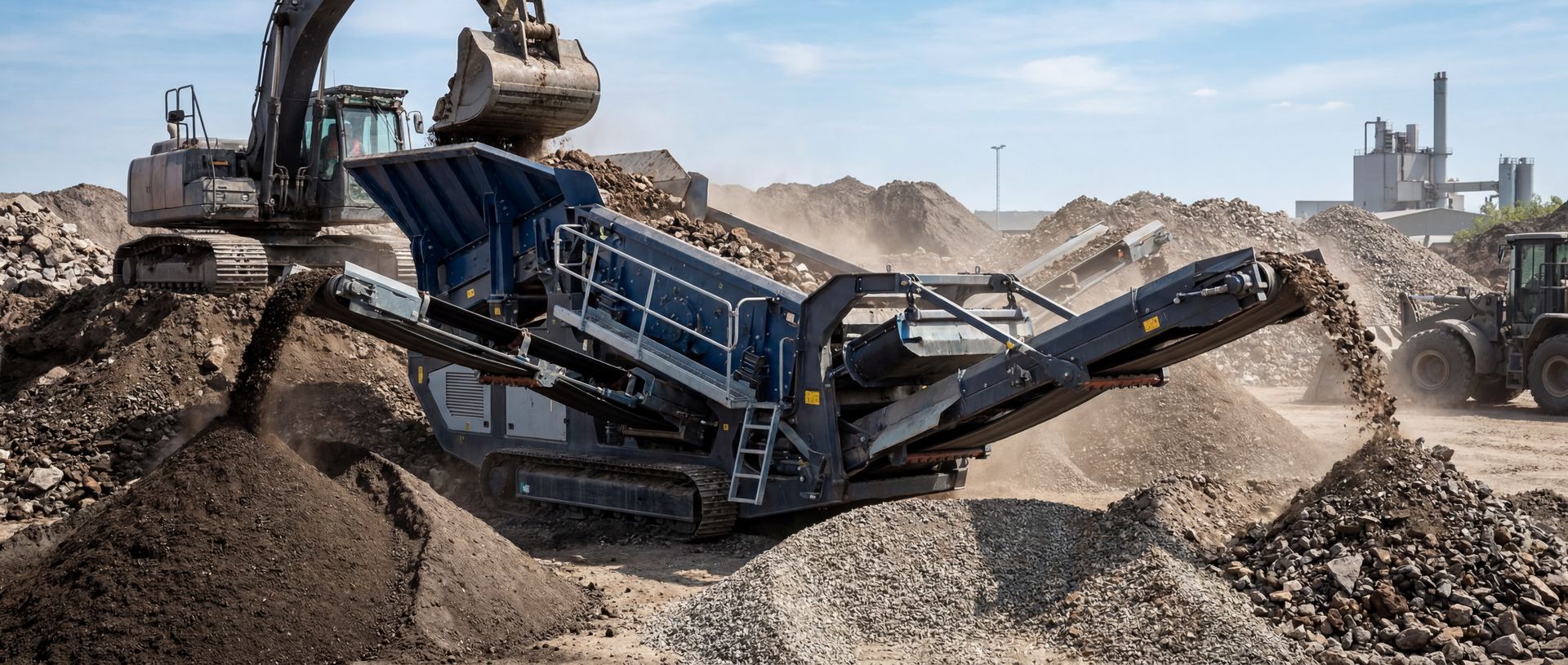 Ein Bagger belädt eine mobile Siebanlage, die Bauschutt in verschiedene Haufen sortiert.