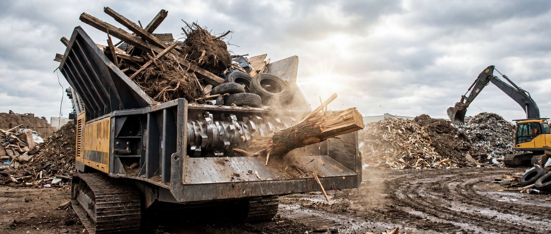 Ein mobiler Zweiwellenschredder zerkleinert einen dicken Baumstamm auf einer Recycling-Baustelle.